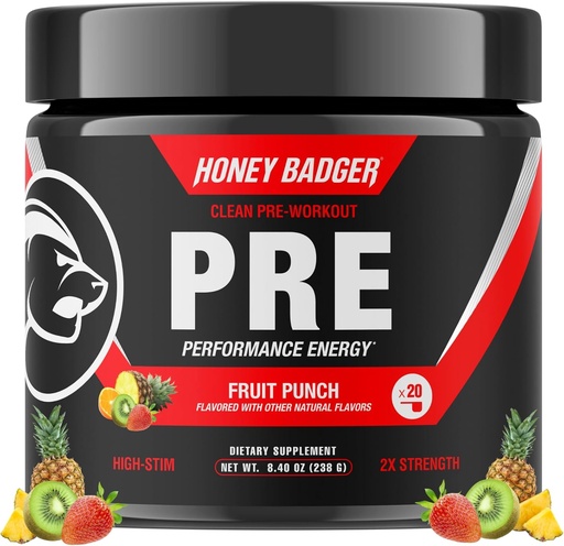 [BRSRAAL7CJ4AYDQ4] Honey Badger Pre Workout Powder, Keto Vegan Preworkout for Men & Women, Beta Alanine & Caffeine, Sugar Free Natural Energy Supplement, Fruit Punch (High-Stim)