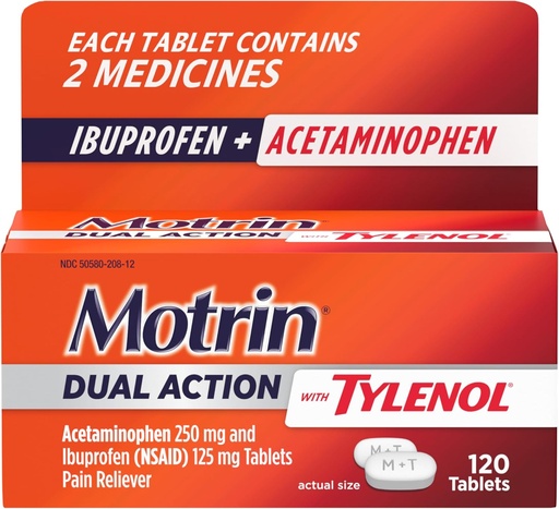 [BRSRMBIFOAIBUH37] Motrin Dual Action avec Tylenol, Ibuprofène et acétaminophène Action rapide double soulagement de la douleur pour les douleurs mineures, Ibuprofène (NSAID) 125 mg et acétaminophène 250 mg, 120 ct