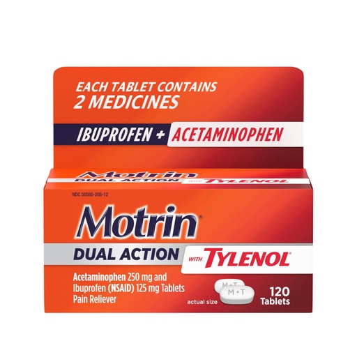 [BRSRMBIFOAIBUH37] Motrin Dual Action with Tylenol, Ibuprofen & Acetaminophen Fast-Acting, Long Lasting Pain Reliever for Minor Aches & Pains, Ibuprofen (NSAID) 125 mg & Acetaminophen 250 mg, 120 ct