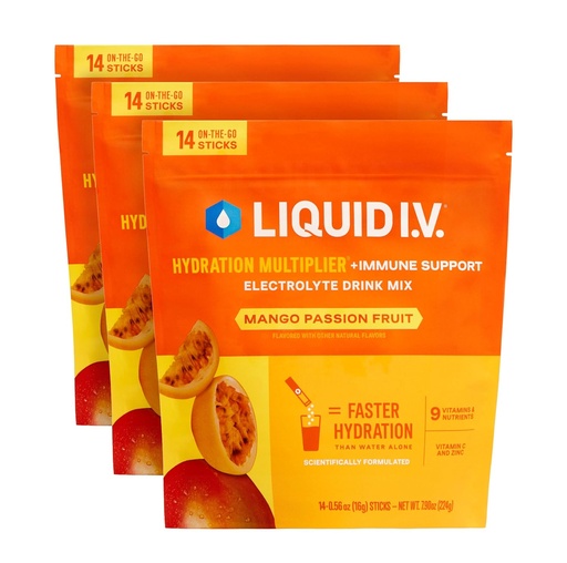 [BRSROGQHOQCRQGQZ] 액체 I.V.® Hydration Multiplier +Immune support - Mango Passionfruit | Electrolyte Powder Drink Mix | 3 팩 (42 인분)
