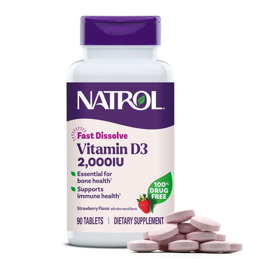 [BRSWIZQPCMCA2ED2] Natrol Fast Dissolve Vitamin D3 2,000 IU, Dietary Supplement for Bone and Joint Health, Bone Support Supplement, 90 Tablets, 90 Day Supply