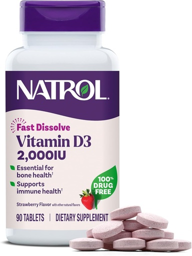 [BRSWIZQPCMCA2ED2] Natrol Fast Dissolve Vitamina D3 2,000 UI, Suplemento dietético para el Hueso y la Salud Conjunta, Suplemento de Apoyo al Hueso, 90 Tabletas, 90 Day Supply
