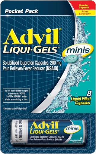 [BRSWGAAHBN7AG3T6] Advil Liqui-Gels minis Pain Reliever and Fever Reducer, Pain Medicine for Adults with Ibuprofen 200mg for Pain Relief - 8 Liquid Filled Capsules