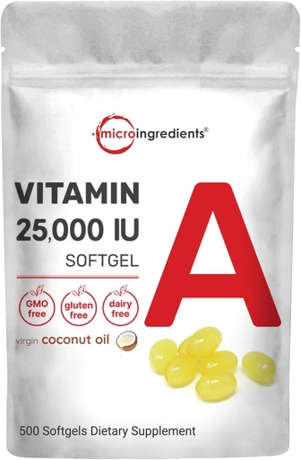 [BRSWYZINCUHWK233] Mikro Sastāvdaļas Maksimālais stiprums A vitamīns 25000 SV -500 Softgeli ar kokosriekstu eļļu labākai absorbcijai -- Vitamīni redzei, augšanai, augšanai un pavairošanai -- Ne-GMO, viegli norīt