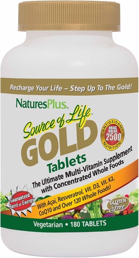 [BRSW2HYNB4IRE23U] Natures Plus Life Gold Multivitamin Kaynağı - 180 Tablet - Kan Desteği, Bone Support, Sağlıklı Immune System - Vitaminler D3, B12, K2 & 120 Tüm Gıda Beslenmeleri - 60 Hizmetler