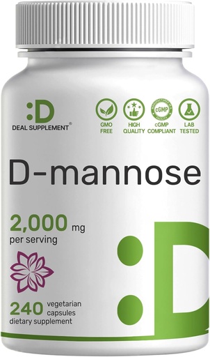 [BRSROYA2CAFGOALX] D Mannose 500 mg Capsules (2,000 mg per service), 240 Veggie Pills – 快速代理水溶性形式 – 额外强尿管(UTI)健康支持 – 非GMO, Vegan友好
