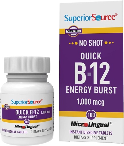 [BRSWIYIICIGACA3A] Superior Source NO Shot Quick Energy Burst B-12 1,000 mcg - Premium Nervous System Support Supplement - Non-GMO & Gluten-Free - 100 MicroLingual Instant Dissolve Tablets