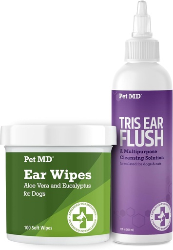 [BRSROAYLOUFBYADJ] Pet MD Dog Ear Cleaning Wipes with Aloe and Eucalyptus + Veterinary Tris Flush Cat & Dog Ear Cleaner