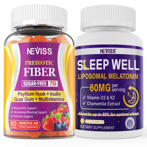 [BRSRAZA7AAIAKCLU] NEVISS Prebiotic Fiber 7G Gummies for Adults + Melatonin 60mg for Adults Bundle