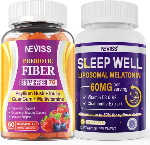 [BRSRAZA7AAIAKCLU] NEVISS Prebitic Fiber 7G Gummies cho người lớn và Melatonin 60mg cho người lớn Bundle