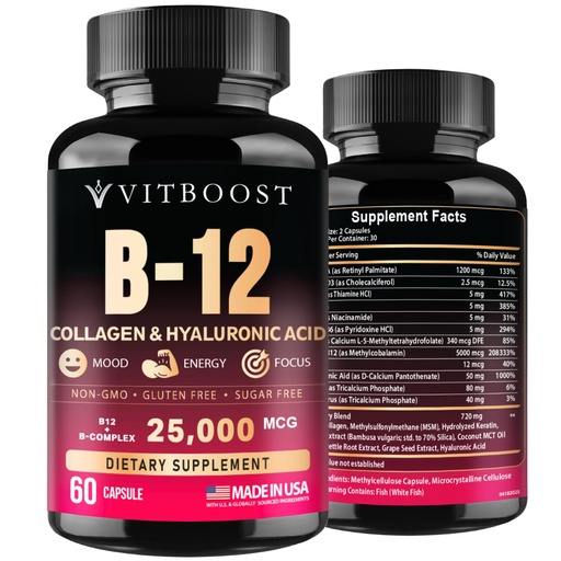 [BRSROHD6OJ5B4D37] B12 with Hyaluronic Acid, Collagen and Folate – 25000 mcg B12 Complex | Maximize Absorption & Energy | Gluten Free USA Made, B1, B2, B3, B6, B7, B12 vitamins 5000 mcg Methylcobalamin - 60 Capsules