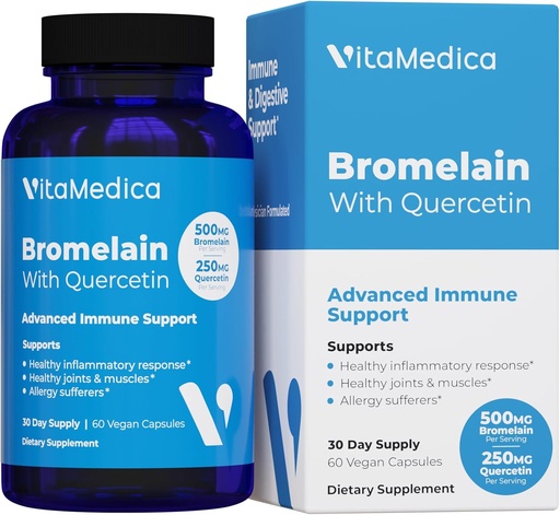 [BRSWYH34B55GG235] VitaMedica Bromelain & Quercetin Supplement - 500mg Bromelain 250mg Quercetin - 2400 GDU for Immunity, Joint Support, Inflammation and Muscle Recovery - 60 Vegan Capsules - 30 Servings