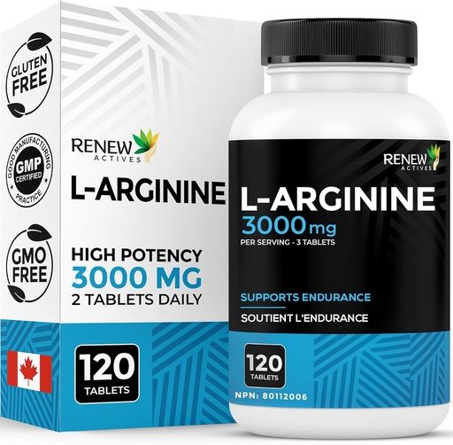 [BRSW2EIOOUGREETP] Renew Actives L-Arginine Supplement 1000MG for Serving - Strength & Endurance, Essential for Protein Synthesis &amp; Muscle Function, Physical Performance Booster - Made in Canada - 120 Tablets