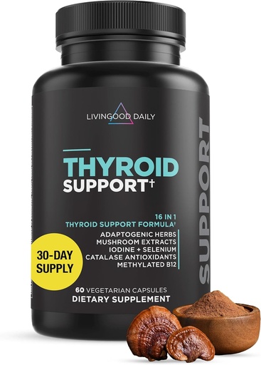 [BRSRMEL3AAJROGT2] Livingood Daily Thyroid Support Supplement, 16-in-1 Wellness Blend with Adaptogenic Herbs, Iodine, Magnesium and Selenium, Thyroid Support for Women & Men, Vegetarian Capsules, Gluten Free, 60 Count