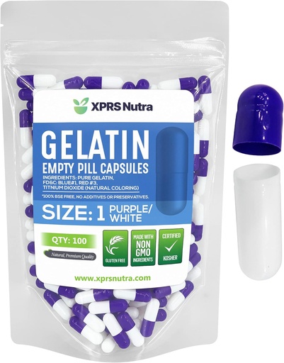 [BRSWYZL4CEOWCAA6] XPRS Nutra Size 1 Empty Capsules - 100 Count Empty Gelatin Capsules - Pill DIY Capsule Filling - Pure Bovine Pill Gel Caps for Do-It-Yourself Supplements (Purple/White)