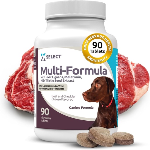 [BRSWYZQ3BUIQIHTO] K9 Seleccione Multi-Formula Dog Vitamins para cans grandes - 30mg HMR Lignans, 3mg Melatonin, 60mg Milk Thistle - Axuda ao corazón, fígado, dixestión, pel e saúde de abrigo, multivitamínico can, 90 Tablets, Beef Flavor