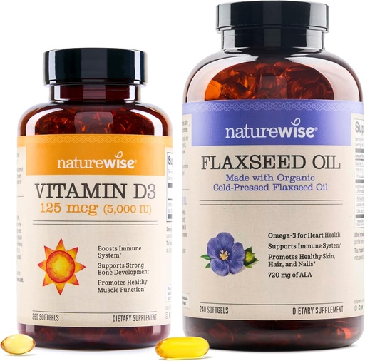 [BRSROYD4A4HRSYAZ] NatureWise Vitamin D3 5000iu (125 mcg) 1 Year Supply for Healthy Muscle Function, and Immune Support Organic Flaxseed Oil Max 720mg ALA | Highest Potency Flax Oil Omega 3