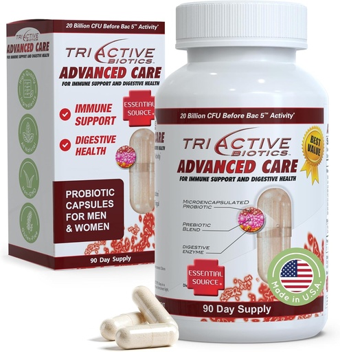 [BRSW2CY7CIIBGFLO] Essential Source TriActive Biotics Advanced Care - 20 Billion CFU Probiotics for Digestive Health, Immune Support Supplement, Microencapsulated Probiotics for Women & Men, 90 Ct Capsules