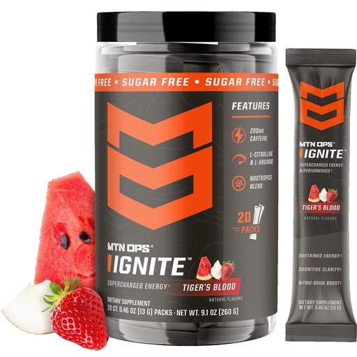 [BRSWGEL2PMIAEYLX] MTN OPS Ignite Energy Powder, Zero Sugar, Tiger's Blood | Sugar Free, 200mg Caffeine, Nootropic Blend for Energy, Focus & Endurance, L Arginine & L Citrulline