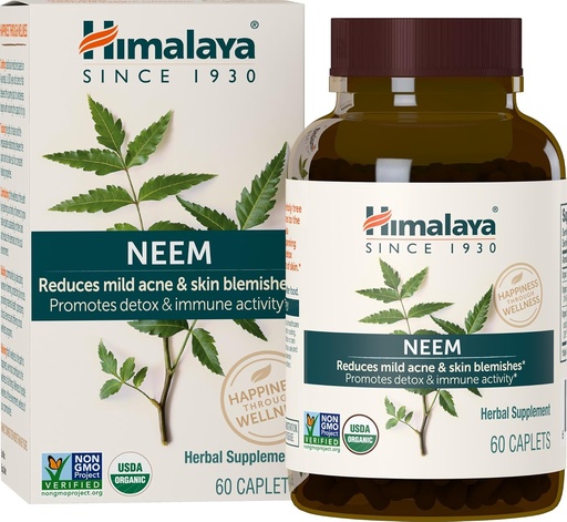 [BRSWKGQRBAOBOEYV] Himalaya Organic Neem, 60 Day Supply - Herbal Acne Supplements Supporting Clear Skin och Detox - USDA Organic, Vegan, Non-GMO, Gluten Free, 600 mg, 60 Caplets