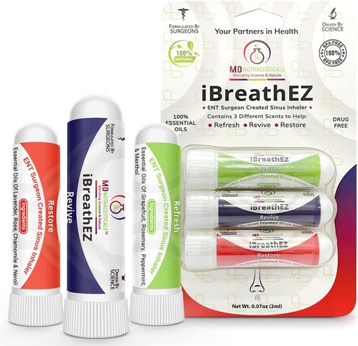 [BRSW2HDYOYIW23I6] iBreathEZ Nasal Sinus Inhaler Kit Formulated by ENT Surgeons with Essential Oils for Energy, Stress, Decongesting & Cold or Allergy Relief (3 Pack)