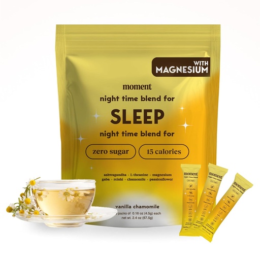 [BRSRAEATCAIBE3LX] Moment Sleep Tea (SHARK TANK) | Vanilla Chamomile | Melatonin Alternativa | 0 Sugar | Low Calorie | 0 cafeína | bebidas de cogomelo | Adaptogens, Reishi, GABA, Magnesio, Chamomile | Keto | 15 Serviciones