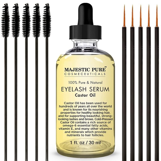 [BRSWKHQTDMHBMA37] Majestic Pure Castor Oil Eyelash Serum - with Apple & Argan Stem Cells - Eyelash Growth Serum for longer thicker Eyelashes, Eyebrows & Hair - Free Set of Mascara Brush & Eyeliner Applicator - 1 fl oz