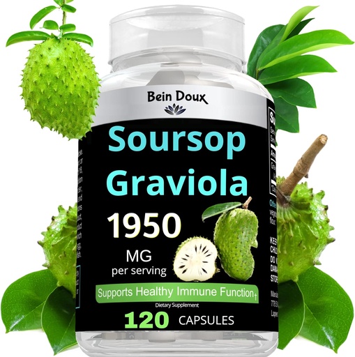 [BRSWGBABBYBAICQ4] 1950mg Soursop Graviola Capsules (Guanábana) Organic leaves Powderrich in Potent Anti-Oxidants - 120 Capsules 40 Servings