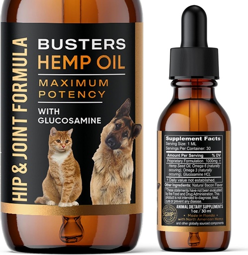[BRSROAQ5PN7BQ2DK] Busters Hip and Joint Hemp Oil Formula enriched with Glucosamine, Pain Relief for Dogs and Pets, Arthritis, and Advanced Mobility Support