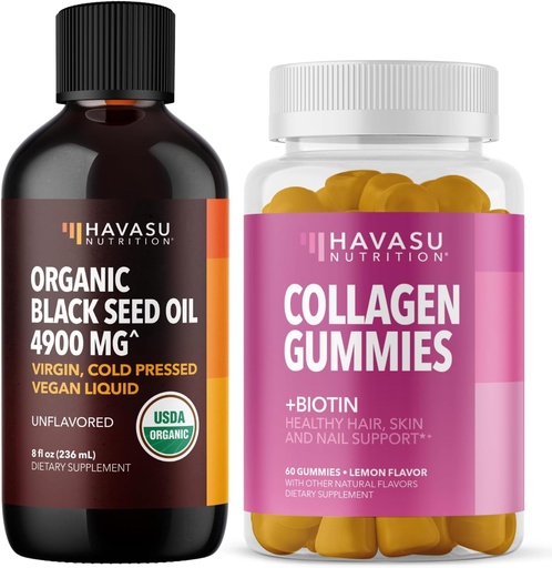 [BRSRAZAHC4JQ2YLH] HAVASU NUTRITION Organic Black Seed Oil Liquid + Collagen Gummies Bundle
