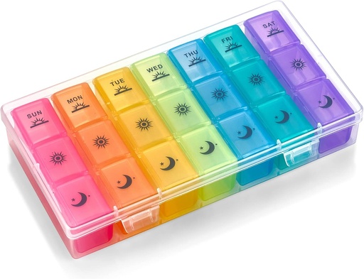 [BRSW2YICPIPWA2D4] Weekly Pill Organizer Case – 3-Times-a-Day Pill Box - Large Plastic Dispenser with 7-Daily Morning Noon & Night Compartments for Pills, Supplements, Fish Oils and Vitamins