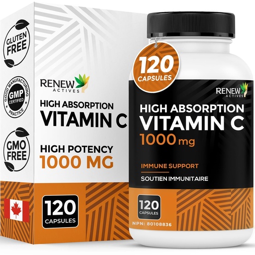 [BRSWYCAQO4IA4GYU] RENEW ACTIVES Maximum Strength Vitamin C 1000MG per Serving – Antioxidant & Immune Booster for Overall Health, Bones, Teeth & Gums – Non-GMO, Sugar-Free, 4-Month Supply – Made in Canada – 120 Capsules