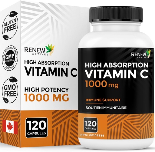 [BRSWYCAQO4IA4GYU] RENEW ACTIVES Maximum Strength Vitamin C 1000MG per Serving – Antioxidant & Immune Booster for Overall Health, Bones, Teeth & Gums – Non-GMO, Sugar-Free, 4-Month Supply – Made in Canada – 120 Capsules