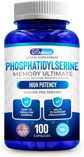 [BRSWKG3YDING2HLK] We Like Vitamins Phosphatidylserine Supplement with Gingko Biloba, Gotu Kola, DMAE - Improves Focus, Memory, Cognitive Function - Soy-Free 1000mg Memory Ultimate Complex - 100 Easy-to-Swallow Capsules