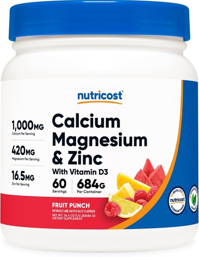 [BRSROBQZBMFRSD3K] Nutricost Calcium Magnesium Zinc with Vitamin D3 Powder, 60 Servings (Fruit Punch) - Calcium (1000 MG) Magnesium (420 MG) Zinc (16.5 MG) Vitamin D3 (30 MCG) - Gluten Free, Non-GMO
