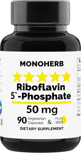 [BRSWYZT2OIFGOG3P] MONOHERB Riboflavin 5'-Phosphate 50 mg - 90 capsule vegetariane - Bioattiva Vitamina B2 - Made in Italy
