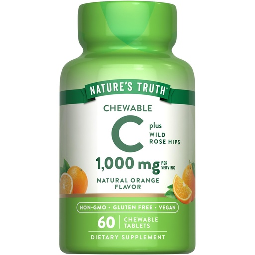 [BRSWKFIOAIAROADI] Nature's Truth Chewable Vitamin C with Rose Hips | 1000 mg | 60 Tablets | Vegan, Non-GMO & Gluten Free Supplement