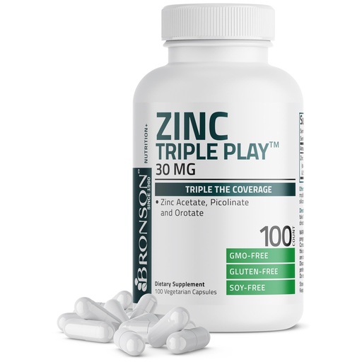 [BRSWYZT3DMCROF3L] Bronson Zinc Triple Play 30 mg Triple Coverage Immune Support with Zinc Acetate, Picolinate & Orotate - Immune, Antioxidant & Skin Health Support - 100 Vegetarian Capsules
