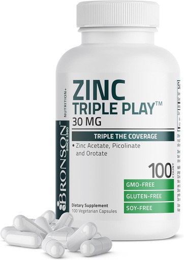 [BRSWYZT3DMCROF3L] Bronson Zink Triple Speel 30 mg Triple Coverage Immune Ondersteuning met zinkacetaat, picolinaat & Orotaat - Immune, Antioxidant & Skin Health Ondersteuning - 100 Vegetarische Capsules