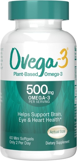 [BRSRAZQHCACRQ2DK] OVEGA-3 Plant-Based Omega-3 from Algal Oil Daily Supplement, 500mg, Supports Brain, Eye & Heart Health, Two mini softgels per Day, 60 Count