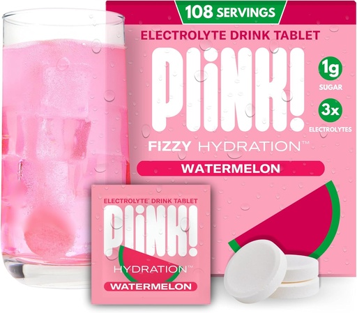 [BRSRAAIKPMNAOHLA] Plink! Fizzy Electrolyte Tablets for Adults & Kids – Watermelon, 108ct – Daily Hydration with Electrolytes – Low Sugar, Vegan, Keto Friendly, Non-GMO