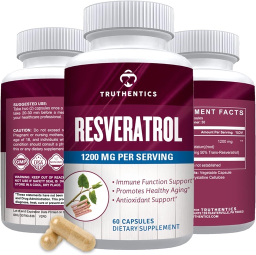 [BRSW2CYEDJ7R63T2] TRUTHENTICS Resveratrol Supplement 1200mg - Japanese Knotweed Capsules - High Potency Trans Resveratrol Nutritional Supplements for Healthy Aging, Vibrant Skin & Immune Health - 60 Vegan Capsules