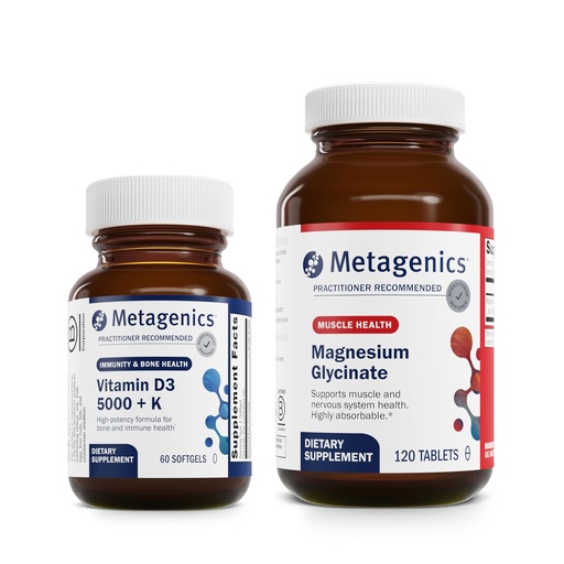 [BRSROCDQCF5RUFI3] Metagenics Essential Wellness Duo: D3 5,000 + K - Immune Support, Bone and Heart Health - 60 Softgels & Highly Absorbable Magnesium Glycinate for Muscles and Nervous System Support - 120 Tablets