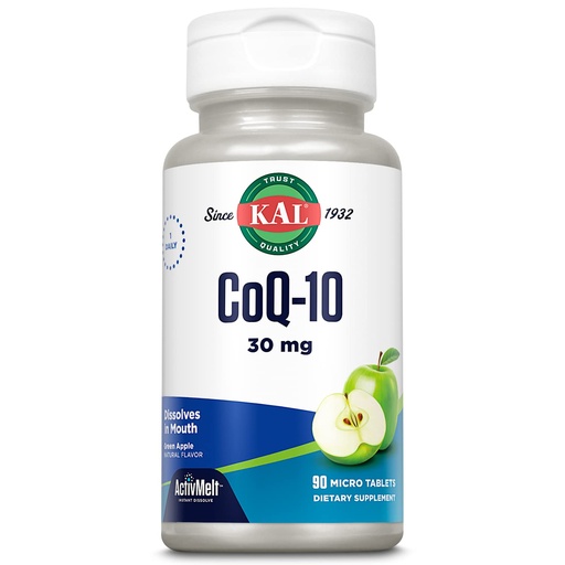 [BRSWGZ36CR5RMAA3] KAL CoQ10 30mg, Antioxidant Formula, CoEnzyme Q10 Supplement for Heart Health and Cellular Energy Support, Fast-Dissolving ActivMelts, Vegetarian, Natural Green Apple Flavor, 90 Serv, 90 Micro Tablets