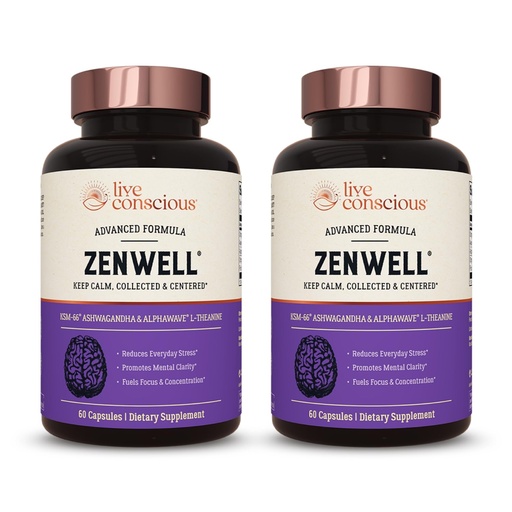 [BRSW2BQ7PMARA3Y2] Live Conscious KSM-66 Ashwagandha Supplement w/L Theanine & AlphaWave - ZenWell Everyday Stress Relief, Cognitive, Brain Health - Ashwagandha for Men & Women - 60 Capsules (2-Pack)