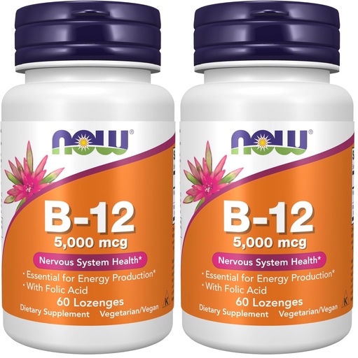 [BRSRAY35DIMBYCLH] NOW Supplements, Vitamin B-12 5,000 mcg, with Folic Acid, Nervous System Health*, 60 Lozenges (Pack of 2)