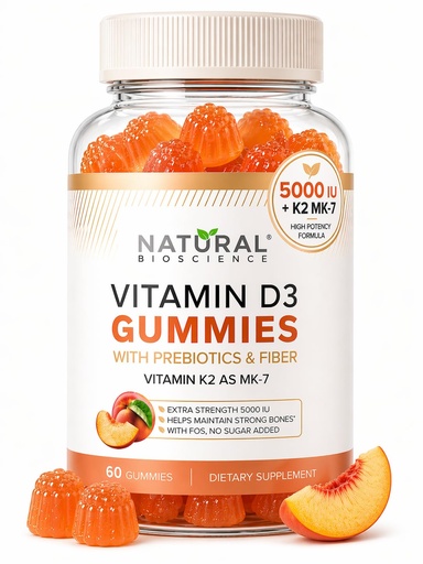 [BRSWYFQHOQAQO3LA] Sugar Free Vitamin D3 K2 Gummies 5000 IU + K2 MK7 80 mcg – Vitamin D Gummies for Adults with Prebiotics & Fiber – Supports Bones, Immune Health, Heart Health & Mood – Gluten Free, Natural Peach Flavor