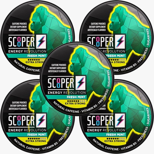 [BRSRAZALAV6AYCQZ] Scooper Energy Fresh Mint | Extra Strong 80mg Caffeine | Energy Pouches Sugarfree | 5 Pack (12 pcs/can)