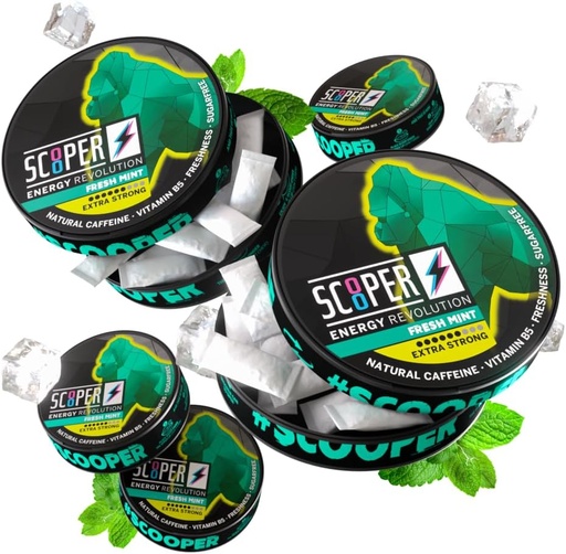 [BRSRAZALAV6AYCQZ] Scooper Energy Fresh piparmētra -- Extra Strong 80mg kofeīns -- Enerģijas maisiņi Bezcukura iepakojums -- 5 Iepakojums (12 gab.