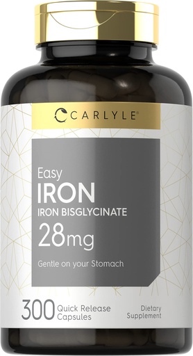 [BRSWYBAEC4NWOHT4] Carlyle Easy Iron Supplement for Women and Men | 28mg | 300 Capsules | as Ferrous Bisglycinate | Non-GMO and Gluten Free